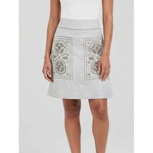 Floreat Anthropologie Silver Metallic Embroidered Studded Mini Skirt Sz 0